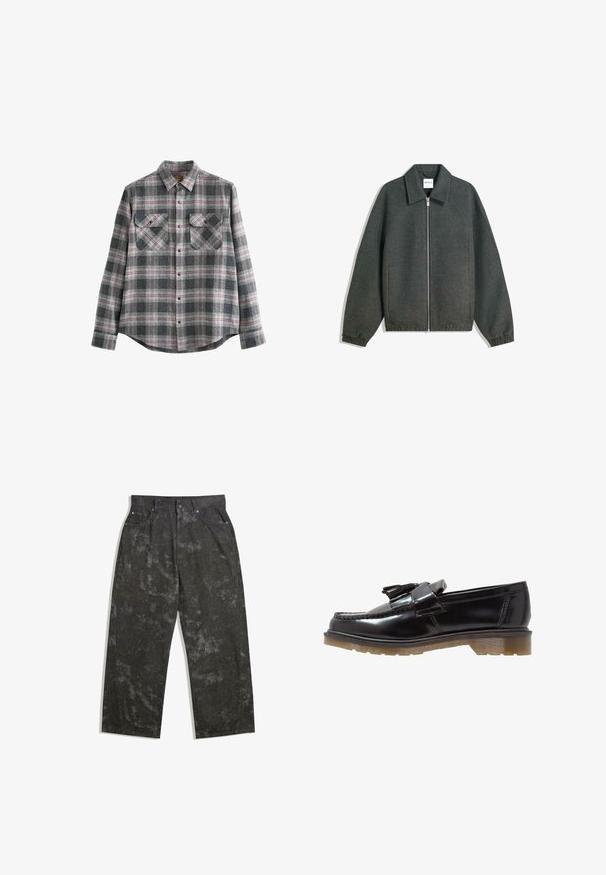 Gray zip-up jacket with a collared neckline, raglan sleeves, elastic cuffs, and gathered waist detailing. Made of textured fabric.; Gray knit sweater with a crew neckline, ribbed cuffs and hem, featuring a relaxed fit and soft texture.; Gray plaid flannel shirt with a button-down collar, long sleeves, two chest pockets, and red and black accents on a soft texture.; Dark gray denim trousers with a loose fit, featuring subtle mottled patterns and metal hardware accents. Five-pocket design.; Black patent leather loafers with a braided design, tassel accent, and a chunky, textured rubber sole. Side view showcases sleek silhouette.