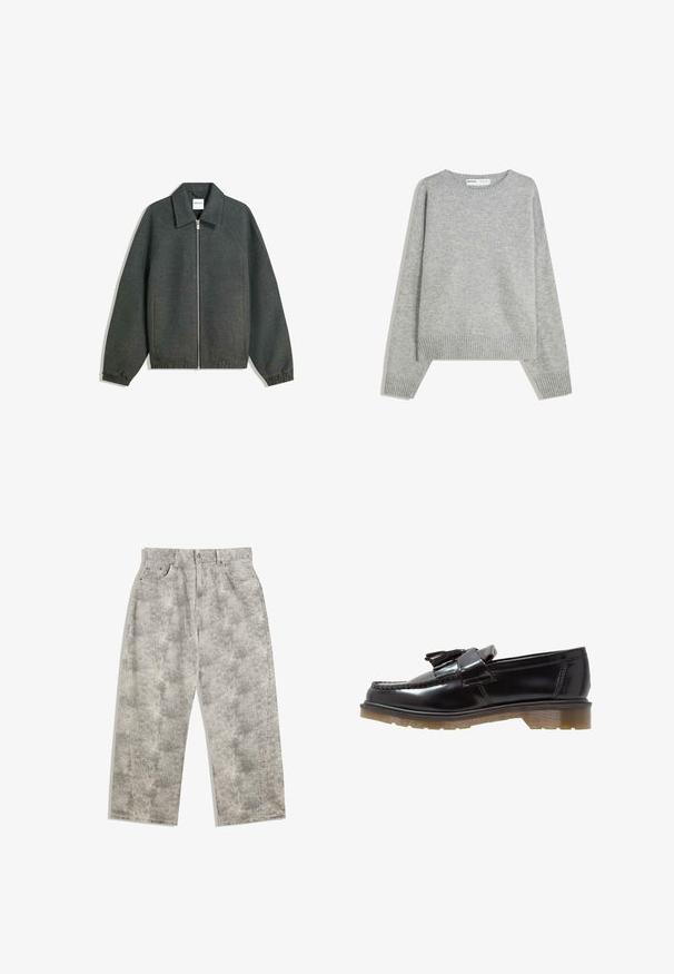 Szara kurtka zapinana na zamek z kołnierzowym dekoltem, rękawami raglanowymi, elastycznymi mankietami i marszczonym detalem w pasie. Wykonana z teksturowanej tkaniny.; Szary sweter z dzianiny o klasycznym okrągłym dekolcie, ściągaczami przy mankietach i u dołu, oferujący luźny krój i miękką teksturę.; Jasnoszare dżinsowe spodnie o luźnym, szerokim kroju. Posiadają subtelną marmurkową teksturę, pięć kieszeni oraz zapięcie na guziki z przodu.; Czarne lakierowane loafersy ze splotem, z akcentem w postaci frędzli oraz masywną, teksturowaną gumową podeszwą. Widok z boku podkreśla smukłą sylwetkę.