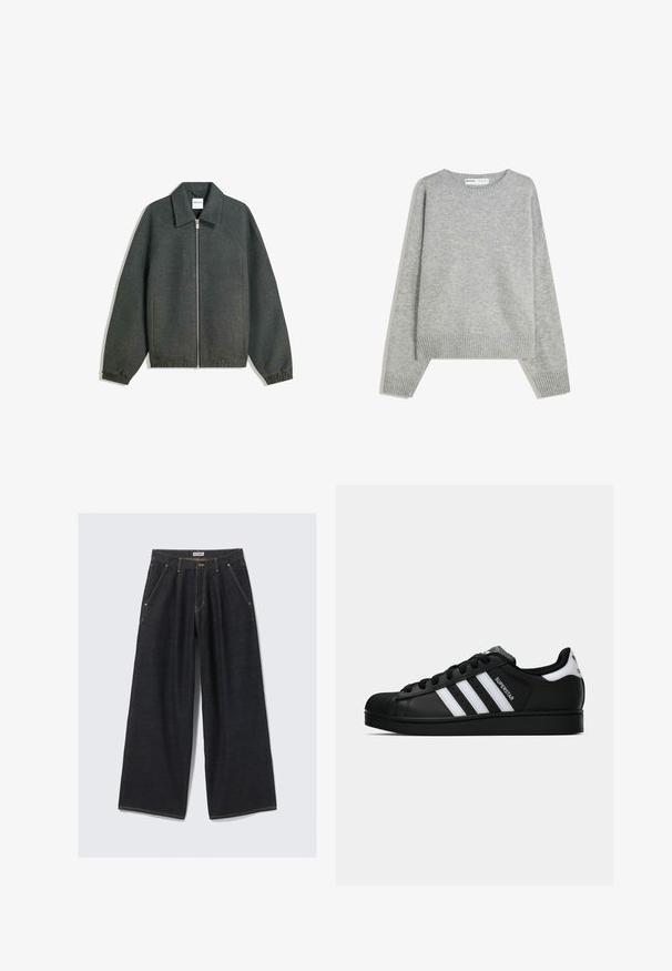 Gray zip-up jacket with a collared neckline, raglan sleeves, elastic cuffs, and gathered waist detailing. Made of textured fabric.; Gray knit sweater with a crew neckline, ribbed cuffs and hem, featuring a relaxed fit and soft texture.; Dark blue wide-leg jeans with front pleats, slanted pockets, belt loops, and a button closure at the waistband labeled "WEEKDAY."; Black Adidas Superstar sneaker with white stripes, shell toe, and "Superstar" text on side, shown in side profile on white background.