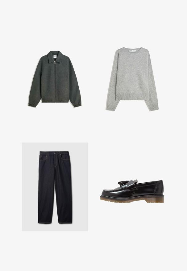 Grijze ritsjack met een kraaghals, raglanmouwen, elastische manchetten en geplooide taille details. Gemaakt van gestructureerde stof.; Grijze gebreide trui met een ronde halslijn, geribbelde manchetten en zoom, met een relaxed fit en een zachte textuur.; Donkerdenim jeans met een rechte pasvorm, voorzien van een knoop- en ritssluiting, twee voorzakken en contrasterende oranje stiksels.; Zwarte patenten leren instappers met een gevlochten ontwerp, franjeraccent en een chunky, gestructureerde rubberen zool. De zijaanzicht benadrukt de slanke silhouette.