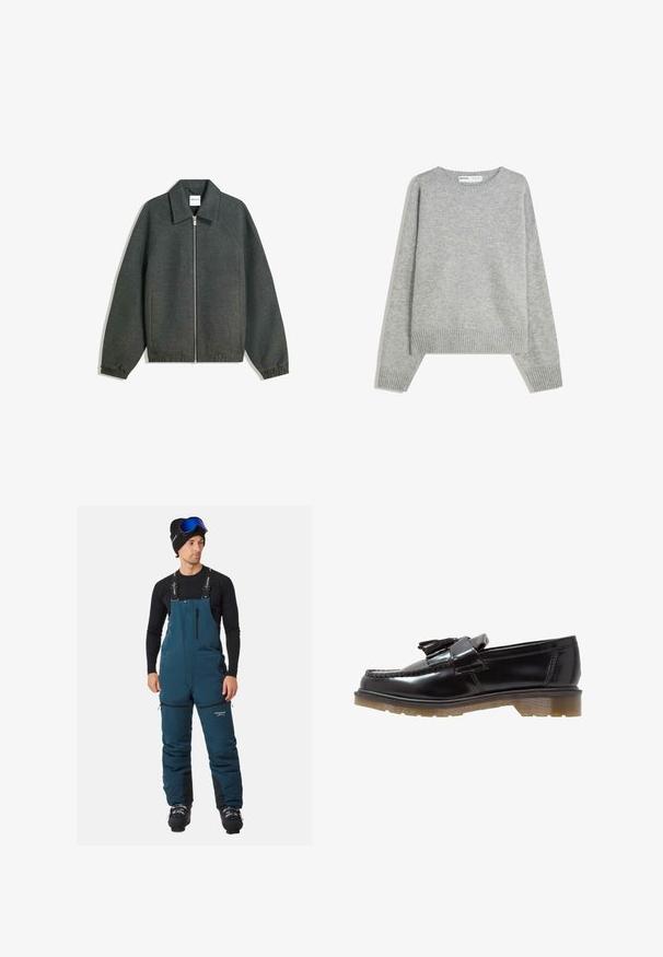 Harmaa vetoketjullinen takki, jossa on kauluksellinen kaula-aukko, raglan-hihat, elastiset hihansuut ja kootut vyötärödetailit. Valmistettu teksturoidusta kankaasta.; Harmaa neulepusero, jossa on pyöreä kaula-aukko, ribbaus hihansuissa ja helmassa. Puserossa on rento istuvuus ja pehmeä rakenne.; Eristetyt siniset hiihtohaalarit, joissa on säädettävät olkaimet, vetoketjulliset taskut ja vahvistetut alahousut kestävyuden ja suojan lisäämiseksi.; Musta patentinahkainen loafers-kengät, joissa on punottu muotoilu, tupsuaksentti ja paksu, teksturoitu kumipohja. Sivuprofiili korostaa tyylikästä siluettia.