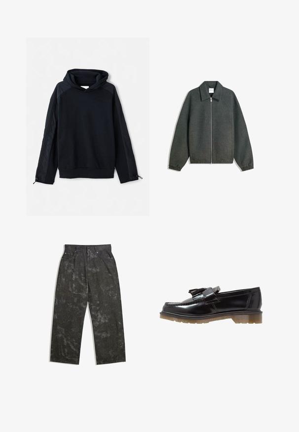 Grå zip-up jacka med krage, raglanärmar, elastiska manschetter och rynkad midjedetalj. Tillverkad av texturerad tyg.; Pier One Sweatshirt - black; Mörkgrå denimbyxor med en lös passform, med subtila spräckliga mönster och metallbeslag. Femficksdesign.; Svarta lackskinnsloafers med flätad design, tofsdetalj och en kraftig, texturerad gummisula. Sido vy visar den slanka silhuetten.