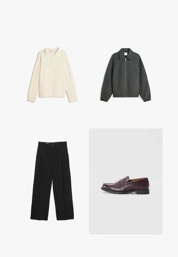 Jachetă gri cu fermoar, cu guler, mâneci raglan, manșete elastice și detalii cu talie strânsă. Fabricată din țesătură texturată.; Pulover de culoare crem, cu guler, închidere cu patru butoane, manșete late ribbate și margine. Textură moale, croială lejeră și design minimalist.; Pantaloni negri cu croi larg, realizati dintr-un material neted, avand o talie plată, pliuri frontale și un buton de închidere.; Loafers din piele burgundy cu vârf rotund, detalii cusute subtile și o talpă neagră joasă. Design clasic cu embellishments minime.
