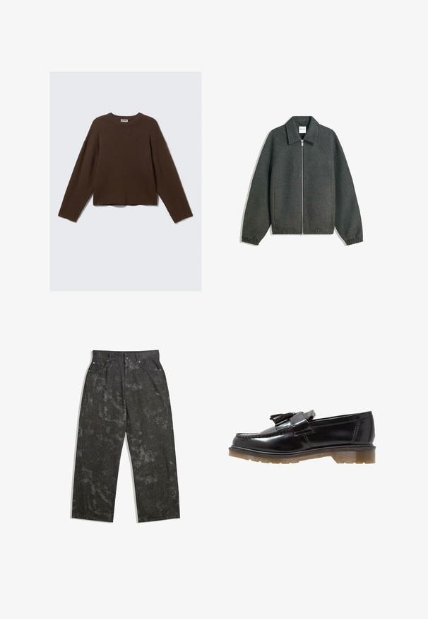 Šedá bunda na zip s límečkem, raglánovými rukávy, elastickými manžetami a nařasením v pase. Vyrobena z texturované látky.; Tmavě hnědý dlouhý rukáv pletený svetr se zúženým výstřihem a uvolněným střihem, vystavený na jednoduchém světlém pozadí.; Tmavě šedé džíny s volným střihem, které mají jemně melírované vzory a kovové detaily. Design pět kapes.; Černé lakované kožené mokasíny s pleteným vzorem, ozdobou s třásněmi a robustní, texturovanou gumovou podrážkou. Boční pohled ukazuje elegantní siluetu.