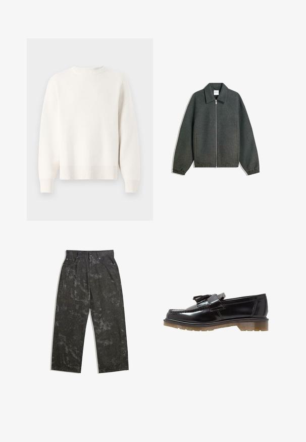 Szürke zipzáras dzseki galléros nyakkivágással, raglán ujjal, rugalmas mandzsettával és összegyűrt derékrésszel. Texturált anyagból készült.; Fehér kötött pulóver, kerek nyakkivágással, ejtett vállakkal és bordázott aljjal. Puha textúra és laza szabás.; Sötétszürke farmernadrág, laza fazonnal, finom márványozott mintákkal és fém kiegészítőkkel. Öt zsebes design.; Fekete lakkbőr loafer cipők fonott dizájnnal, bojtos díszítéssel és tömör, textúrált gumitalppal. Az oldalsó nézet a letisztult sziluettet mutatja be.
