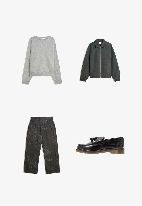 Szara kurtka zapinana na zamek z kołnierzowym dekoltem, rękawami raglanowymi, elastycznymi mankietami i marszczonym detalem w pasie. Wykonana z teksturowanej tkaniny.; Szary sweter z dzianiny o klasycznym okrągłym dekolcie, ściągaczami przy mankietach i u dołu, oferujący luźny krój i miękką teksturę.; Ciemnoszare dżinsy o luźnym kroju, z subtelnymi marmurkowymi wzorami i metalowymi akcentami. Model pięciokieszeniowy.; Czarne lakierowane loafersy ze splotem, z akcentem w postaci frędzli oraz masywną, teksturowaną gumową podeszwą. Widok z boku podkreśla smukłą sylwetkę.