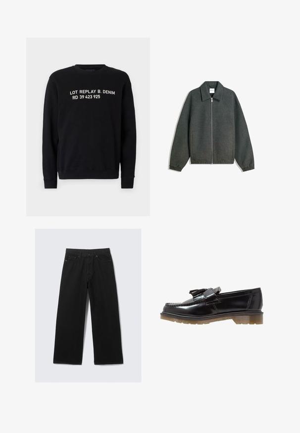 Šedá zipová bunda s golierom, raglánovými rukávmi, elastickými manžetami a zhromaždeným pásom. Vyrobená z textúrovanej tkaniny.; Čierna mikina s okrúhlym výstrihom, s bielym textom "LOT REPLAY B. DENIM RD 39 423 925" na prednej strane. Štandardný strih.; Čierne široké nohavice z denimového materiálu, s klasickým dizajnom s piatimi vreckami a štruktúrovaným pásom s pútkami na opasok.; Čierne lakované kožené poltopánky s vrkočovým dizajnom, ozdobou v tvare strapcov a robustnou, štruktúrovanou gumovou podrážkou. Bočný pohľad ukazuje štíhlu siluetu.