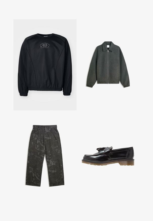 Grå zip-up jacka med krage, raglanärmar, elastiska manschetter och rynkad midjedetalj. Tillverkad av texturerad tyg.; Svart sweatshirt med rund hals, ribbad mudd och nederkant. Har ett subtilt grafiskt tryck på bröstet och ett slätt, något strukturerat tyg.; Mörkgrå denimbyxor med en lös passform, med subtila spräckliga mönster och metallbeslag. Femficksdesign.; Svarta lackskinnsloafers med flätad design, tofsdetalj och en kraftig, texturerad gummisula. Sido vy visar den slanka silhuetten.