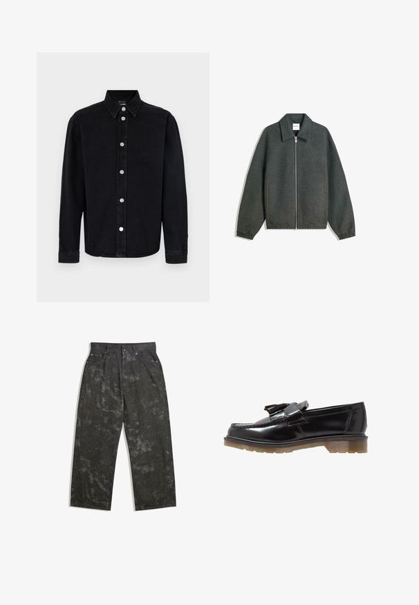 Gray zip-up jacket with a collared neckline, raglan sleeves, elastic cuffs, and gathered waist detailing. Made of textured fabric.; Black denim shirt with long sleeves, button-down collar, and silver hardware. Features a straight cut and plain texture.; Dark gray denim trousers with a loose fit, featuring subtle mottled patterns and metal hardware accents. Five-pocket design.; Black patent leather loafers with a braided design, tassel accent, and a chunky, textured rubber sole. Side view showcases sleek silhouette.