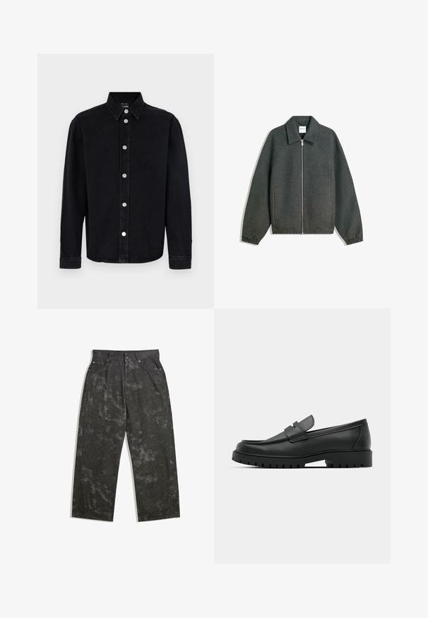 Veste zippée grise avec un col, des manches raglan, des poignets élastiques et des détails de taille froncée. Fabriquée en tissu texturé.; Chemise en denim noir à manches longues, avec col boutonné et éléments en métal argenté. Présente une coupe droite et une texture lisse.; Pantalons en denim gris foncé avec une coupe décontractée, présentant des motifs mouchetés subtils et des accents en métal. Design à cinq poches.; Mocassins en cuir noir à bout arrondi, avec un design cousu, une semelle plateforme basse et une semelle en caoutchouc texturée et crantée.