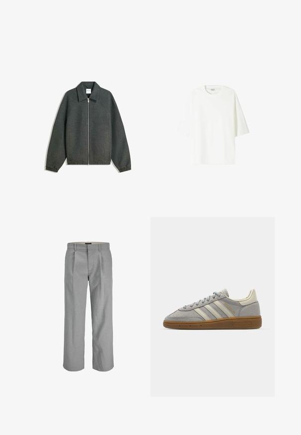 Gray zip-up jacket with a collared neckline, raglan sleeves, elastic cuffs, and gathered waist detailing. Made of textured fabric.; White short-sleeve t-shirt made of cotton, featuring a crew neckline and a relaxed fit with straight hemline.; Light gray trousers with a textured fabric, featuring pleats at the front, straight legs, and a standard waistband for closure.; Gray suede sneakers with light gray leather stripes and a gum rubber sole. Features include lace closure and subtle branding on the tongue.
