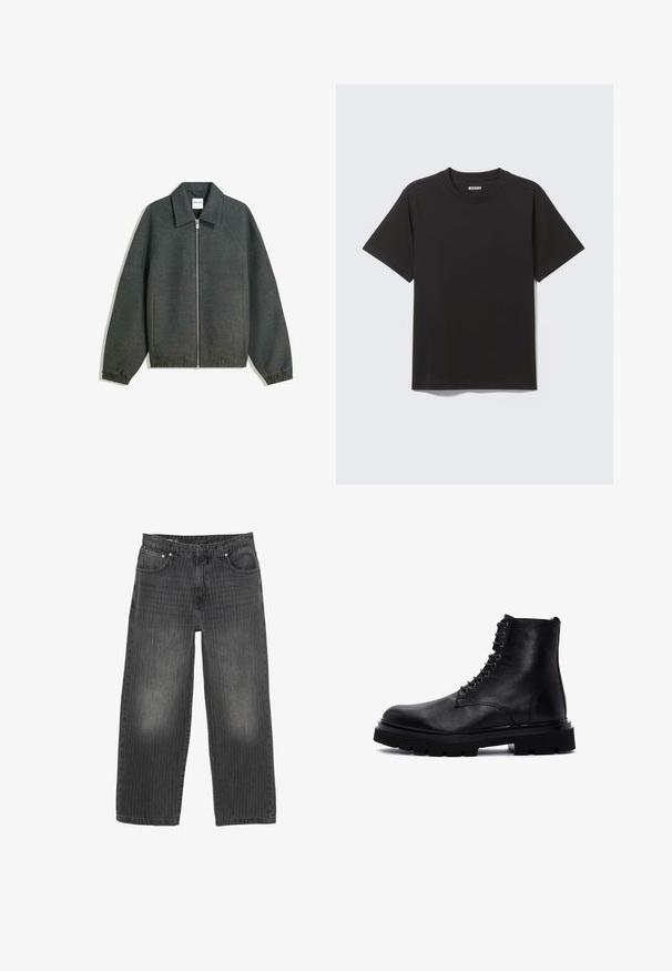 Grijze ritsjack met een kraaghals, raglanmouwen, elastische manchetten en geplooide taille details. Gemaakt van gestructureerde stof.; Zwart T-shirt met korte mouwen gemaakt van zachte katoen, met een ronde halslijn en een eenvoudig ontwerp zonder patronen of accenten.; Zwarte denim wijde broekspijpen met subtiele verticale strepen, vijfzakkenontwerp en knoopsluiting aan de voorkant. Versleten textuur bij de zakken.; Zwarte leren enkelboot met dikke profielzool en vetersluiting, afgebeeld in linker zijaanzicht op een witte achtergrond.