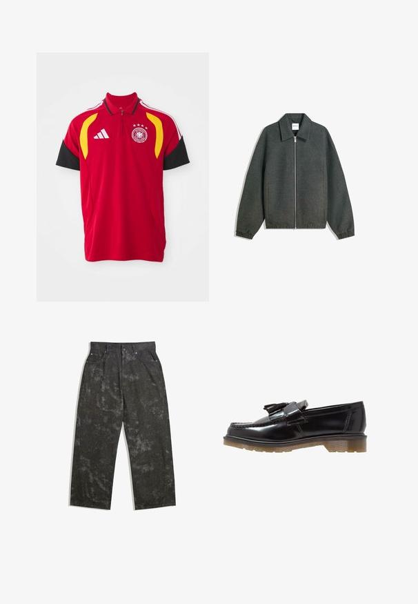Szara kurtka zapinana na zamek z kołnierzowym dekoltem, rękawami raglanowymi, elastycznymi mankietami i marszczonym detalem w pasie. Wykonana z teksturowanej tkaniny.; Czerwona koszulka polo z krótkim rękawem, czarnymi akcentami, żółtymi i białymi paskami, logo Adidas, herb reprezentacji narodowej oraz czterogwiazdkowy wzór nad emblematem.; Ciemnoszare dżinsy o luźnym kroju, z subtelnymi marmurkowymi wzorami i metalowymi akcentami. Model pięciokieszeniowy.; Czarne lakierowane loafersy ze splotem, z akcentem w postaci frędzli oraz masywną, teksturowaną gumową podeszwą. Widok z boku podkreśla smukłą sylwetkę.