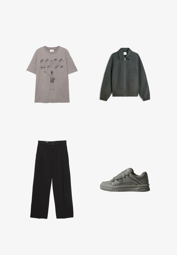 Šedá bunda na zip s límečkem, raglánovými rukávy, elastickými manžetami a nařasením v pase. Vyrobena z texturované látky.; Šedé bavlněné tričko s velkým logem AC/DC a grafikou kytaristy na zadní straně, s krátkým rukávem a kulatým výstřihem.; Černé kalhoty širokého střihu vyrobené z hladké látky, s plochým pasem, předními záhyby a jedním knoflíkem na zapínání.; Šedá sportovní bota s texturovaným koženým a síťovaným svrškem, silnou gumovou podrážkou a výrazným polstrovaným jazykem a bočními stranami. K dispozici jsou tkaničky a boční akcenty.