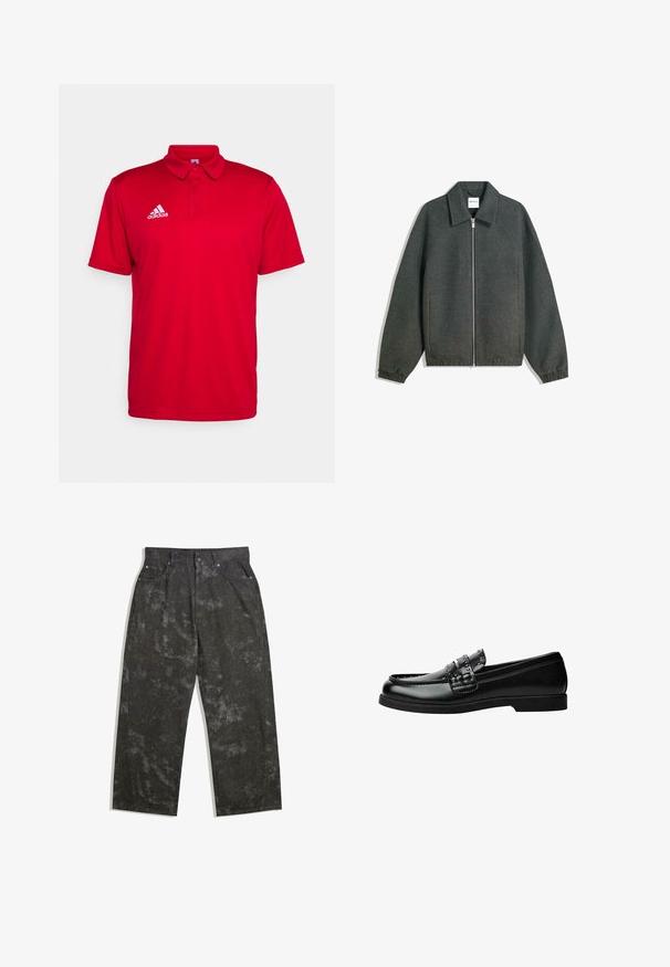 Šedá bunda na zip s límečkem, raglánovými rukávy, elastickými manžetami a nařasením v pase. Vyrobena z texturované látky.; Červené polo tričko vyrobené z prodyšné látky. Má límeček, krátké rukávy a bílé logo Adidas na levé straně hrudi.; Tmavě šedé džíny s volným střihem, které mají jemně melírované vzory a kovové detaily. Design pět kapes.; Černé kožené mokasíny s hladkým povrchem, ozdobnými pásky s nýty a nízkou gumovou podrážkou. Klasický design s elegantním profilem.