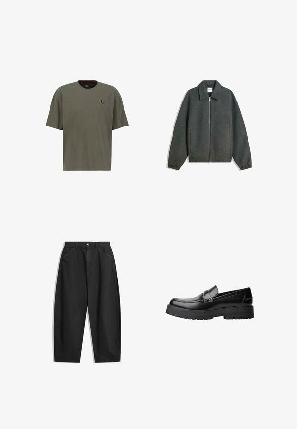 Siva zip-up jakna s ovratnikom, raglan rukavima, elastičnim manžetama i nabrano oblikovanim strukom. Narejena iz teksturirane tkanine.; Olivno zelena kratka majica z kratkimi rokavi iz bombaža, z okroglim izrezom in majhnim zlatim vezenim logotipom na levem prsnem košu.; Črne široke hlače iz bombaža, ki imajo visok pas, sprednje žepke in diskretne šive. Gladka tekstura brez vzorcev.; Črne usnjene loafersice s debelim profiliranim podplatom in dekorativnim pasom čez zgornji del, prikazane v levem stranskem profilu na beli podlagi.