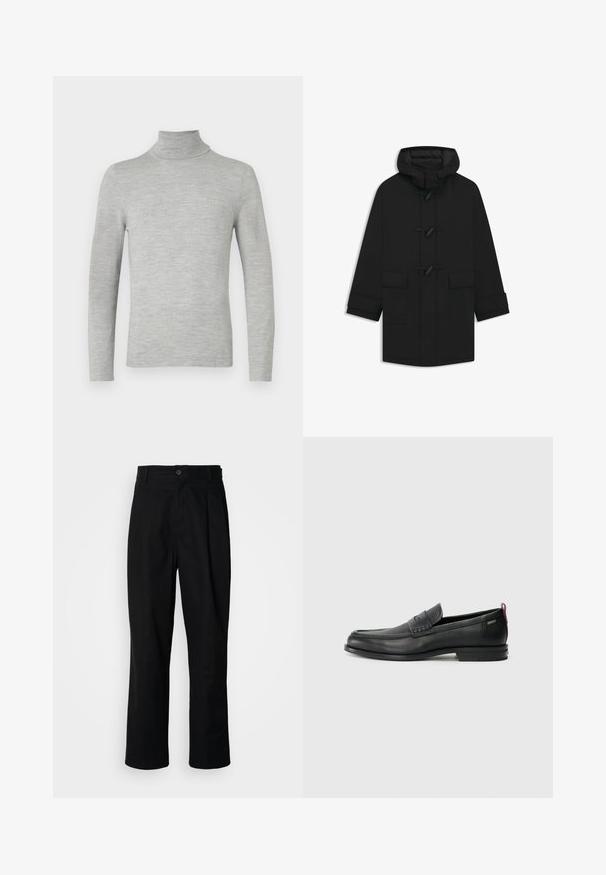 Sort hættetrøje med toggl lukkemekanismer, to frontlommer med klap og lange ærmer, præsenteret på en hvid baggrund.; Lys grå langærmet turtleneck sweater med fin strik, vist på en neutral hvid baggrund.; Sorte lige ben bukser med en knaplukket talje, bæltestropper og en frontfold, præsenteret mod en ensfarvet hvid baggrund.; Sorte læder loafers med en tekstureret frontpanel og glatte sider. Har en slank hæl og en bageste løkke til nem påtagning. Klassisk design.