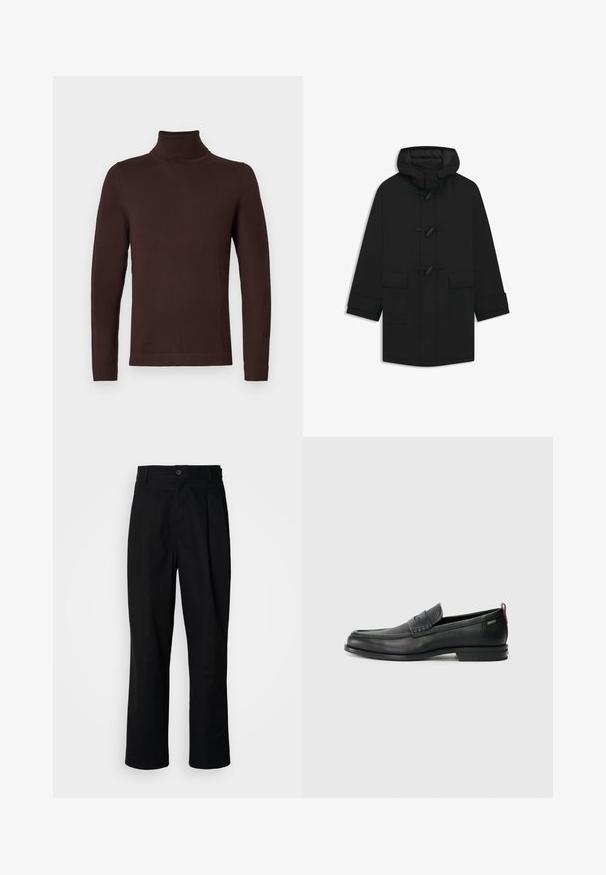 Black hooded coat with toggle closures, two front flap pockets, and long sleeves, displayed on a white background.; Dark brown long-sleeve turtleneck sweater with a slim fit, displayed on a plain white background.; Black straight-leg trousers with a buttoned waistband, belt loops, and front crease, displayed against a plain white background.; Black leather loafers with a textured front panel and smooth sides. Features a slim heel and rear loop for easy wear. Classic design.