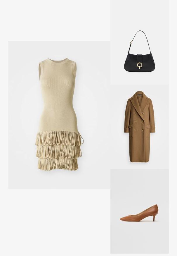 Polo Ralph Lauren CAMEL HAIR LONG POLO COAT - Abrigo clásico - camel; Vestido sin mangas color beige con textura acanalada, corsé ajustado y detalle de flecos en las capas en el dobladillo. Material suave con un acabado liso.; Lauren Ralph Lauren ADRIENNE - Tacones - deep saddle tan; Bolso de cuero negro con una silueta curvada, correa corta, herrajes en tono dorado central y textura suave. Sin patrones ni acentos visibles.