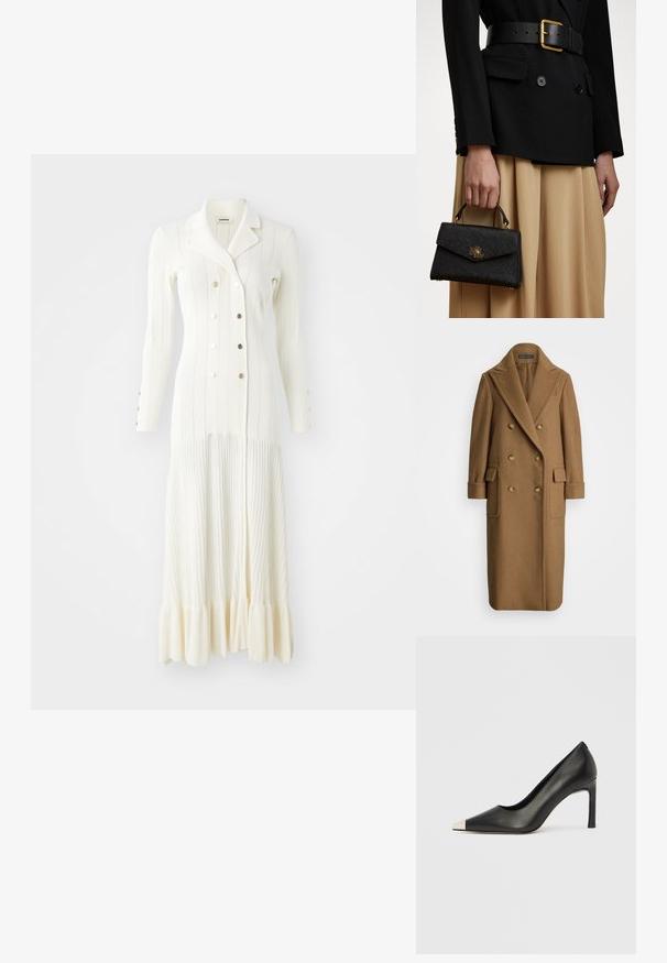Polo Ralph Lauren CAMEL HAIR LONG POLO COAT - Klassisk frakke - camel; sandro ROBE MIDI LOOK MANTEAU - Strikkjoler - ecru; Sort læder højhælet sko med spids tå og metal-sølv hætte. Har en glat finish og en slank hæl på 10 cm.; Sort struktureret håndtaske med en tekstureret overflade, guld hardware og et top-håndtag. Båret med en sort blazer og en beige nederdel.