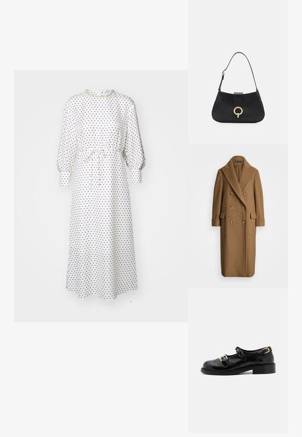 Polo Ralph Lauren CAMEL HAIR LONG POLO COAT - Mantel - camel; Witte midi-jurk met stippen, lange pofmouwen, getailleerde taille en een strikdetail. Zachte stof, relaxte pasvorm, ronde halslijn, minimale hardware.; Zwarte leren schoenen met brogue-details, voorzien van twee gespsluitingen, een ronde neus en een lage hak. Glad oppervlak met een glanzende afwerking.; Zwarte leren handtas met een gebogen silhoutte, korte schouderband, centrale goudkleurige hardware en een gladde textuur. Geen zichtbare patronen of accenten.