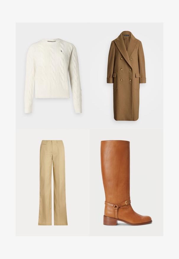 Polo Ralph Lauren CAMEL HAIR LONG POLO COAT - Classic coat - camel; Cream-colored cable-knit sweater with long sleeves and crew neck featuring small embroidered logo on the left chest.; Beige wide-leg pants made of smooth cotton, featuring a classic waistband and back pocket, with a straight cut and minimal detailing.; Tall brown leather boots with a smooth finish, featuring a side buckle strap and a stacked heel. The upper has a clean, unembellished design.