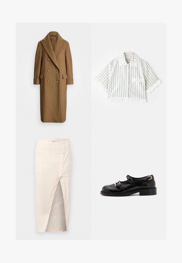 Polo Ralph Lauren CAMEL HAIR LONG POLO COAT - Manteau classique - camel; sandro CHEMISE - Chemisier - ecru; Jupe midi en lin beige avec une fente devant, dotée d'une fermeture à bouton sur le côté gauche et d'une poche, texture lisse.; Chaussures en cuir noir avec détails de brogue, dotées de deux sangles à boucle, d'un bout arrondi et d'un talon bas. Texture lisse avec finition brillante.