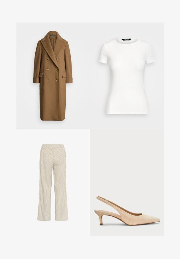 Polo Ralph Lauren CAMEL HAIR LONG POLO COAT - Palton clasic - camel; T-shirt alb din bumbac, cu mâneci scurte, guler rotund, design ajustat și textură netedă. Etichetă cu logo la guler.; Pantaloni dungati bej deschis, cu o croială lejeră, care prezintă un tiv elastic și dungi verticale ce creează un aspect texturat.; Lauren Ralph Lauren LOLAH II SUEDE SLINGBACK PUMP - Pantofi clasici cu toc - sand dune