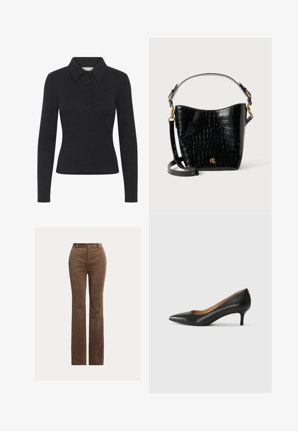 Polo Ralph Lauren CAMEL HAIR LONG POLO COAT - Klassikaline mantel - camel; Must värviline pika varrukaga polo särk, millel on sooniline tekstuur, nööpidega loor ja diskreetne logo. Omab klassikalist kraedisaini.; Pruunid korduvad püksid sirge jala disainiga, millel on vööaasad, ettepoole avatud taskud ja peen vertikaalne soonik tekstuuri jaoks.; Must musta musta, millel on terav nina, madal konts ja sile tekstuur. Omab pisut avatud osa ees ja minimaalset riistvara taga.; Mustad krokodillimustriga must nahast kott, millel on kõver kuju, kuldse riistvara aktsessid, reguleeritav rihm ning logodetail esiosas.