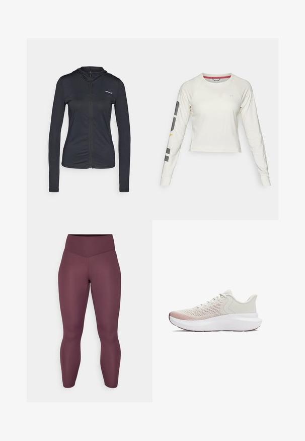 Czarna bluza z kapturem na zamek, wykonana z lekkiego materiału, z długimi rękawami, o dopasowanym kroju i małym logo na lewej piersi.; Jasna kremowa krótka bluzka z długim rękawem i rękawami raglanowymi, z małym logo na piersi i graficznymi akcentami na lewym rękawie.; Legginsy o wysokim stanie, dopasowane, w bogatym burgundowym kolorze. Wykonane z gładkiego, elastycznego materiału bez widocznych wzorów czy elementów metalowych.; Lekki obuwie sportowe z oddychającą, białą siateczką, gradientowymi różowymi akcentami i grubą białą podeszwą z teksturowaniem.