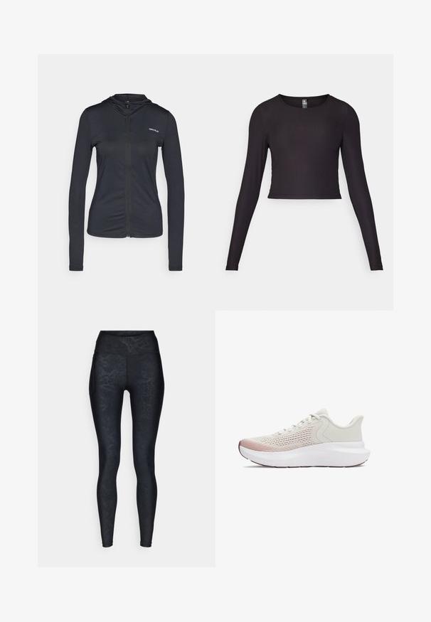 Musta vetskarihuppari, joka on valmistettu kevyestä kankaasta, pitkähihaisilla ja istuvalla muotoilu. Vasemmassa rinnassa pieni logo.; Musta pitkähihainen lyhyt toppi ribbimateriaalista. Omaaa pyöreän pääntien ja tiukan siluetin, jossa on teksturoitu pinta.; Mustat legginsit, joissa on teksturoidun käärmeennahkamainen kuosi, korkea vyötärö ja sileä kangas. Sisältää sivutaskun pieniä esineitä varten.; Kevyet urheilujalkineet, joissa on hengittävä valkoinen verkko-osa, graadit pinkkejä yksityiskohtia ja paksu valkoinen pohja, jossa on teksturoitua yksityiskohtaa.