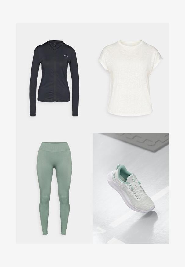 Musta vetskarihuppari, joka on valmistettu kevyestä kankaasta, pitkähihaisilla ja istuvalla muotoilu. Vasemmassa rinnassa pieni logo.; Valkoinen lyhythihainen t-paita, jossa on tekstuuriinen kukkakuosi, pyöreä pääntie ja rento malli. Valmistettu pehmeästä, kevyestä kankaasta.; Legginsit, jotka muotoutuvat vartalon mukaan, venyvää kangasta hillityssä vihreässä värissä, jossa on teksturoidut korkeat vyötärönauhat. Tasainen pinta ilman näkyviä kuvioita tai korostuksia.; Vaaleanharmaa urheilujalkine, jossa on teksturoitu neulepäällinen, mintunvihreät yksityiskohdat, valkoiset nauhat, kumipohja ja vetolenkki kannassa.