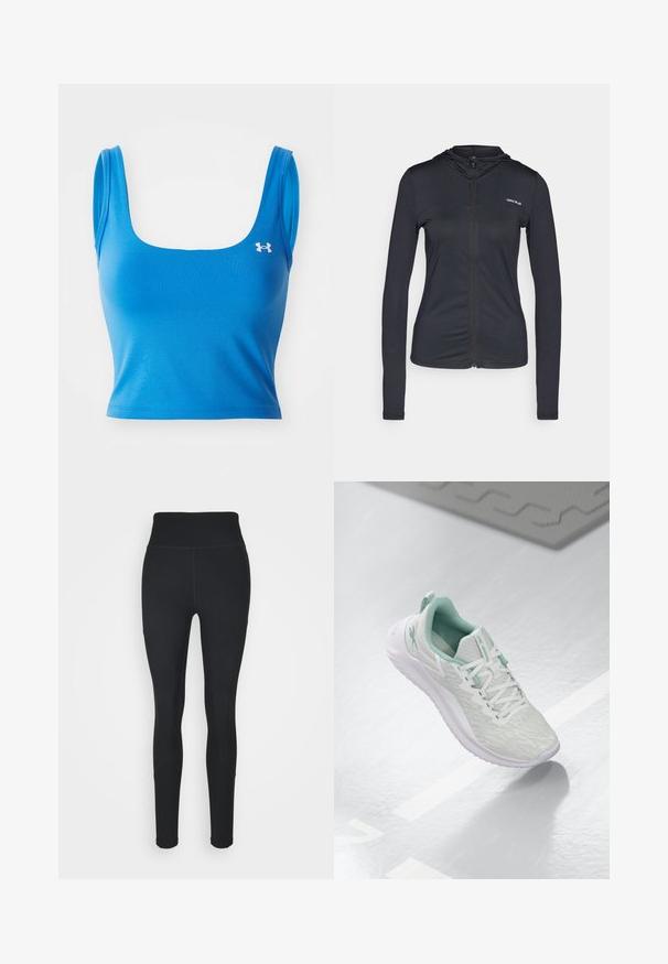 Must mustaga, millel on pikkade varrukatega kerge materjalist kapuutsiga jope, millel on vormitud disain ja väike logo vasakul rinnal.; Sinine sportlik lühike topp, millel on ruudukujuline kaelus ja õhukesed rihmad. Valmistatud siledast ja venivast materjalist. Vasakul küljel on logo.; Mustad mustad, mis on valmistatud venivast kangast, neil on kõrge vöökoht, külgedel soonilised paneelid ja reljeefne disain, mis kitseneb pahkluudel.; Heledad hallitushallide spordijalanõud tekstuurse kudumise ülaosaga, mündiroheline aktsent, valged nöörid, kummist tald ja tõmblõng kandmisel.