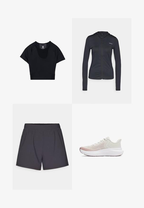 Sudadera con cremallera negra de tejido ligero, con mangas largas, que presenta un diseño ajustado y un pequeño logo en el lado izquierdo del pecho.; Top corto atlético negro con mangas cortas, con un cuello redondo, detalles de panel texturizado y un diseño ajustado para un aspecto estilizado.; Pantalones cortos deportivos negros hechos de un tejido ligero y elástico. Presentan una cinturilla elástica y un diseño simple y sin adornos.; Zapatillas deportivas ligeras con una parte superior de malla blanca transpirable, acentos en degradado de color rosa y una suela blanca gruesa con detalles texturizados.