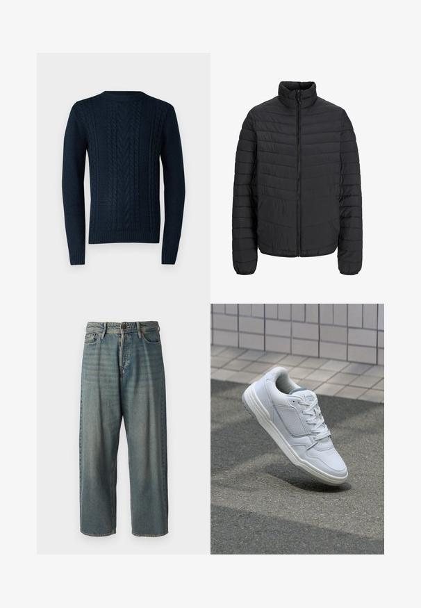 Juodas paminkštintas džemperis su aukštu apykakle, vertikaliu siuvinėjimo raštu, pilnu priekinio užtrauktuko uždarymu ir elastingomis rankogaliais. Lygus paviršius, lengvas medžiagos svoris.; Tamsiai mėlynas megztinis su kabeliais, standartiniu apvaliu kaklu ir šonkačių rankovėmis bei apačia. Pagamintas iš tekstūruotos siūlos.; Šviesiai mėlyni džinsai su laisvu siluetu, vidutinio aukščio juosmeniu ir tiesiomis kojomis. Su penkiais kišenėmis, diržo kilpo ir mygtukų uždarymu.; Baltos odinės sportinės bateliai su perforuotais šonais, tekstūruotais akcentais, plokščiomis raištelėmis ir kontrastingu pilku kulnu. Yra šiek tiek pakelti padas.