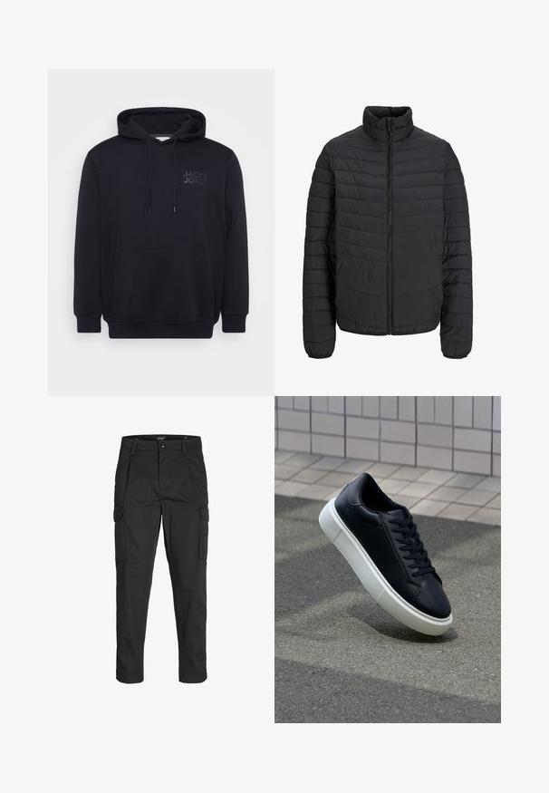 Jachetă neagră căptușită cu guler înalt, model matlasat vertical, fermoar pe întreaga lungime și manșete elastice. Textură netedă, material ușor.; Hanorac negru dintr-un amestec de bumbac, cu o buzunar mare în față, glugă cu șnur și un design subtil al logo-ului pe piept.; Pantaloni cargo negri dintr-un material rezistent, cu multiple buzunare, închidere cu nasture și un design slim fit cu picioare conice.; Tenis cu piele neagră, cu vârful rotund și talpă din cauciuc alb. Are șireturi plate și cusături minime pe suprafață. Tălpile texturate oferă aderență.