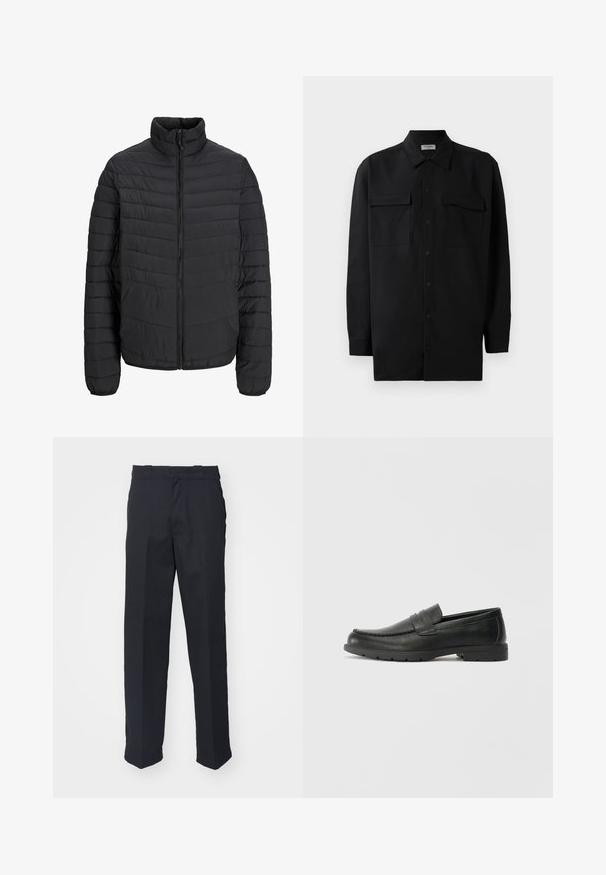 Casaco acolchoado preto com colarinho alto, padrão de quilt vertical, fecho frontal completo com zíper e punhos elásticos. Textura suave, material leve.; Camisa preta de botão, feita de um tecido suave, com golas clássicas, dois bolsos frontais e mangas longas com punhos abotoados.; Calças pretas sob medida com corte reto, feitas de um tecido suave, apresentando uma cintura com passantes e sem padrões ou acessórios visíveis.; Sapatos mocassins de couro preto com acabamentos lisos, parte superior em estilo mocassins, detalhes em costura e sola de borracha. Design clássico com um salto baixo.