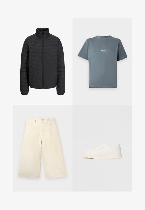 Jachetă neagră căptușită cu guler înalt, model matlasat vertical, fermoar pe întreaga lungime și manșete elastice. Textură netedă, material ușor.; Tricou din bumbac gri, cu gât rotund, mâneci scurte și un mic logo alb "JJ Studios" pe piept. Textură netedă și croială lejeră.; Pantaloni scurți largi bej din bumbac, cu un design clasic cu cinci buzunare, dotati cu un nasture metalic argintiu și închidere cu fermoar în față.; Tenisi albi slip-on cu o suprafață texturată, talpă groasă și un design minimalist. Prezintă logo-ul brandului pe lateral.