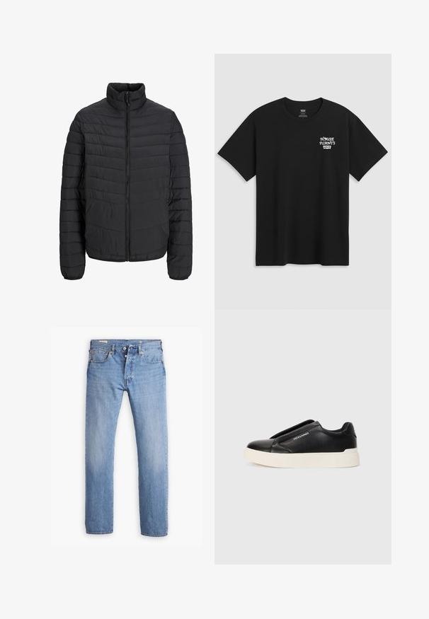 Juodas paminkštintas džemperis su aukštu apykakle, vertikaliu siuvinėjimo raštu, pilnu priekinio užtrauktuko uždarymu ir elastingomis rankogaliais. Lygus paviršius, lengvas medžiagos svoris.; Juodas medvilninis marškinėliai su krūtinės spauda, kuri skaito "NAMŲ AUGALAI" balta stilizuota šriftu su "Levi's" žemiau. Klasikinis apvalus iškirpimas.; Levi's® 501® LEVI'S® ORIGINAL - Tiesaus kirpimo džinsai - smooth cruise cool; Juodi slip-on sportbačiai su tekstūruota odos viršutine dalimi, balta gumine padai ir be matomų raištelių. Šone yra prekės ženklo logotipas.