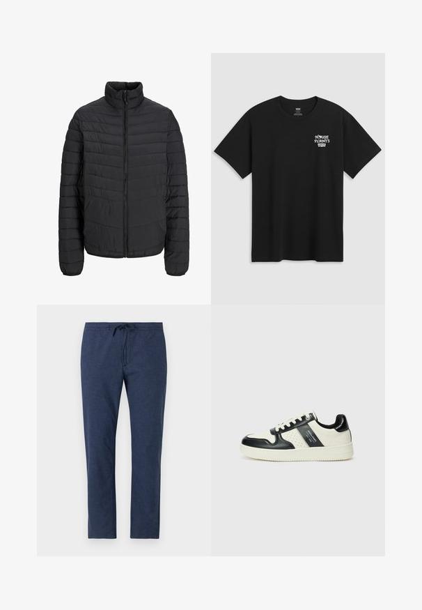 Crna puf jakna s visokim ovratnikom, vertikalnim šavovima, punim prednjim patentnim zatvaračem i elastičnim manžetama. Glatka tekstura, lagani materijal.; Crna pamučna majica s printom na prsima koji glasi "KUĆNE BILJKE" u bijelom stiliziranom fontu s "Levi's" ispod. Klasični okrugli izrez.; Tamne plave hlače izrađene od lagane tkanine, s elastičnim pojasom i vezicom, te ravnim krojem.; Kožne tenisice s crno-bijelom paletom boja, koje imaju perforirane akcentne detalje, podstavljeni ovratnik i teksturiranu potplat.