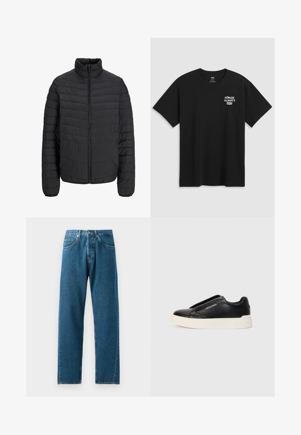 Svart vadderad jacka med hög krage, vertikalt quiltad mönster, fullständig dragkedja framtill och elastiska muddarn. Slät textur, lätt material.; Svart bomullströja med en brösttryck som säger "HUSVÄXTER" i vitt stiliserat typsnitt med "Levi's" under. Klassisk crew-neck.; Blå denimjeans med rak bendesign, fem fickor och hällor för bälte. Tyget har en subtil textur och urblekta områden vid fickorna.; Svart slip-on sneakers med texturerat läderöverkänsliga, vit gummisula och utan synliga snören. Har varumärkeslogotyp på sidan.