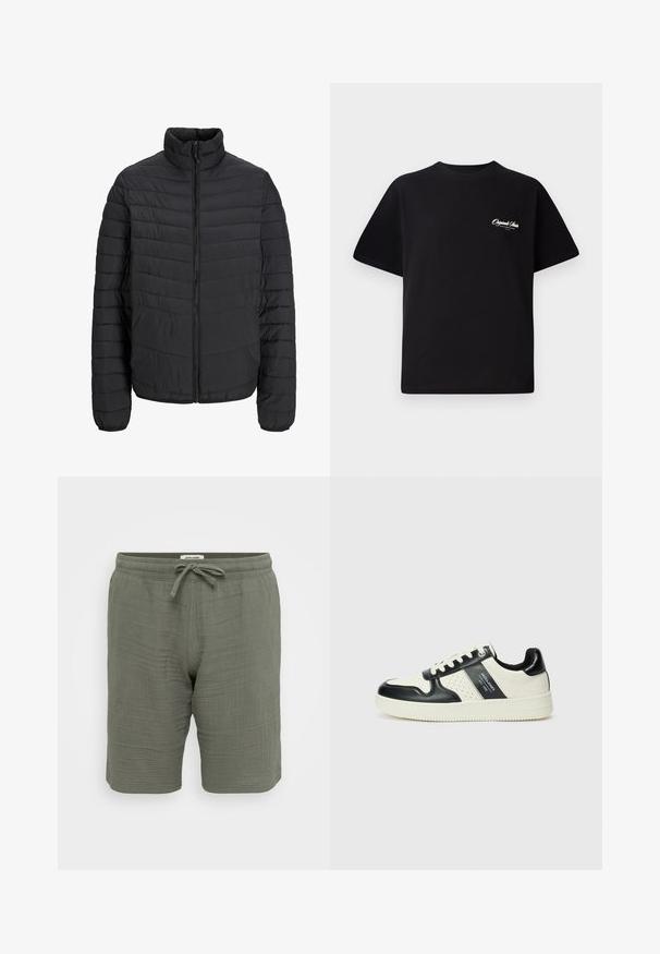 Mustmust suletav jope kõrge kraega, vertikaalsete tikanditega, täispikk ette tõmmatav lukuga ja elastsete mansettidega. Sile tekstuur, kerge materjal.; Must mustrüst t-särk, millel on ümar kaelus, lühikesed varrukad ja väike valge logo tekst vasakul rinnal. Lihtne disain, klassikaline sobivus.; Kerged, oliivroheline lühike pükste paar, mis on valmistatud tekstureeritud kangast. Omab elastset vööd koos nööridega, küljetaskut ja mugavat lõiget.; Nahatud nahkkingad musta ja kreemi värviskeemiga, millel on perforeeritud aktsendid, pehme krae ja tekstureeritud tallad.