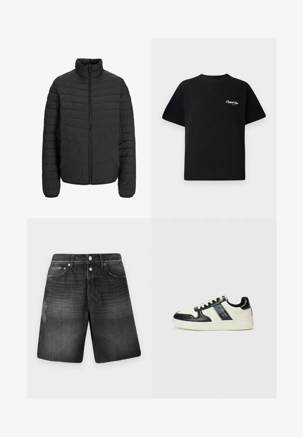 Melna polsterēta jaka ar augstu apkakli, vertikālu kviltēšanas rakstu, pilnu priekšējo rāvējslēdzēju un elastīgām aprocēm. Gluda tekstūra, viegla materiāla.; Melnas kokvilnas t-krekls ar apaļu kakla izgriezumu, īsām piedurknēm un maziem baltiem logotipa uzrakstiem kreisajā krūšu daļā. Vienkāršs dizains, klasiskā piegriezne.; Melni džinsa šorti ar izbalētu apdari, pieciem kabatām, misiņa krāsas piederumiem un taisna griezuma dizainu.; Ādas sporta apavi ar melnbaltu krāsu shēmu, ar perforētiem akcentiem, mīkstinātu apkakli un teksturētu zoli.