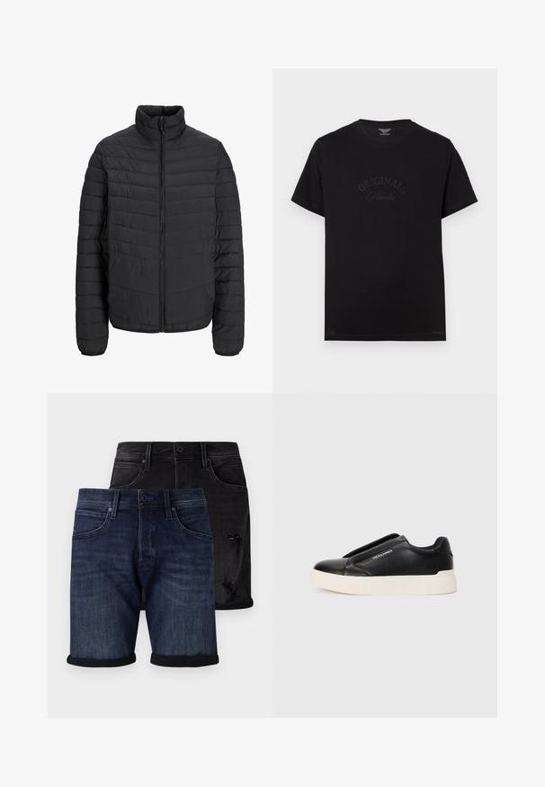Melna polsterēta jaka ar augstu apkakli, vertikālu kviltēšanas rakstu, pilnu priekšējo rāvējslēdzēju un elastīgām aprocēm. Gluda tekstūra, viegla materiāla.; Melnas kokvilnas T-krekls ar īsām piedurknēm un apaļu izgriezumu. Priekšpusē ir izceltas ar tonālām burtiem "ORIGINALS Studio".; Džinsu šorti komplekts, kas sastāv no tumši zila pāra ar rullētiem malām un melna nolietota pāra. Abiem ir klasiskā piecu kabatu dizains.; Melna slip-on kedu ar teksturētu ādas augšdaļu, baltu gumijas zoli un bez redzamām šņorcēm. Uz sāna ir zīmola logo.