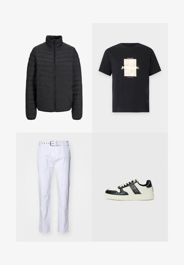 Čierna prešívaná bunda s vysokým golierom, vertikálnym prešívaním, plným predným zipsom a elastickými manžetami. Hladká textúra, ľahký materiál.; Čierne bavlnené tričko s okrúhlym výstrihom. Na prednej strane sa nachádza béžová obdĺžniková grafika s bielym textom "JAWO," ktorý je umiestnený na stred. Krátke rukávy.; Biele bavlnené nohavice s rovnými nohavicami, s textúrovanou tkaninou, pútkami na opasok a zladeným opaskom so strieborným hardvérom.; Kožené tenisky v čierno-krémovej farbe, s perforovanými akcentmi, polstrovaným golierom a štruktúrovanou podrážkou.