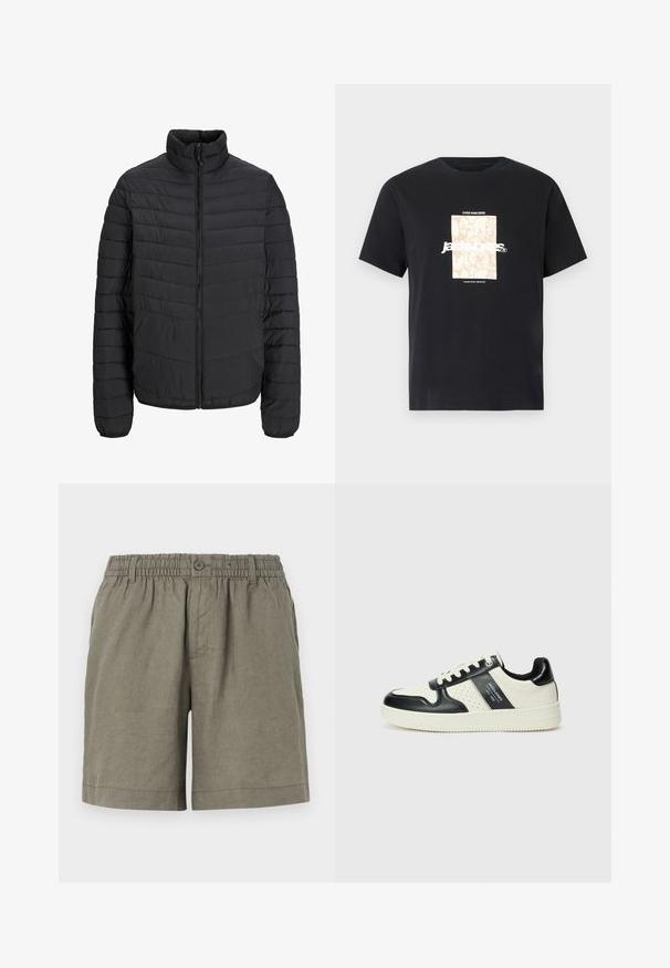 Mustat pehmeät takki, jossa on korkea kaulus, pystysuora tikkauskuvio, täysi etuvetoketju ja joustavat hihansuut. Sileä rakenne, kevyet materiaalit.; Mustat puuvillapaita pyöreällä kaula-aukolla. Edessä on beigellä suorakulmaisella graafikolla ja valkoisella tekstillä "JAWO" keskellä. Lyhyet hihat.; Khaki shorts dalam kain ringan dengan pinggang elastis dan penutupan kancing. Memiliki desain kaki lurus dan hem digulung.; Nahkakengät musta-kerma värimaailmassa, joissa on rei'itetyt yksityiskohdat, pehmustettu nilkkaosa ja teksturoitu pohja.