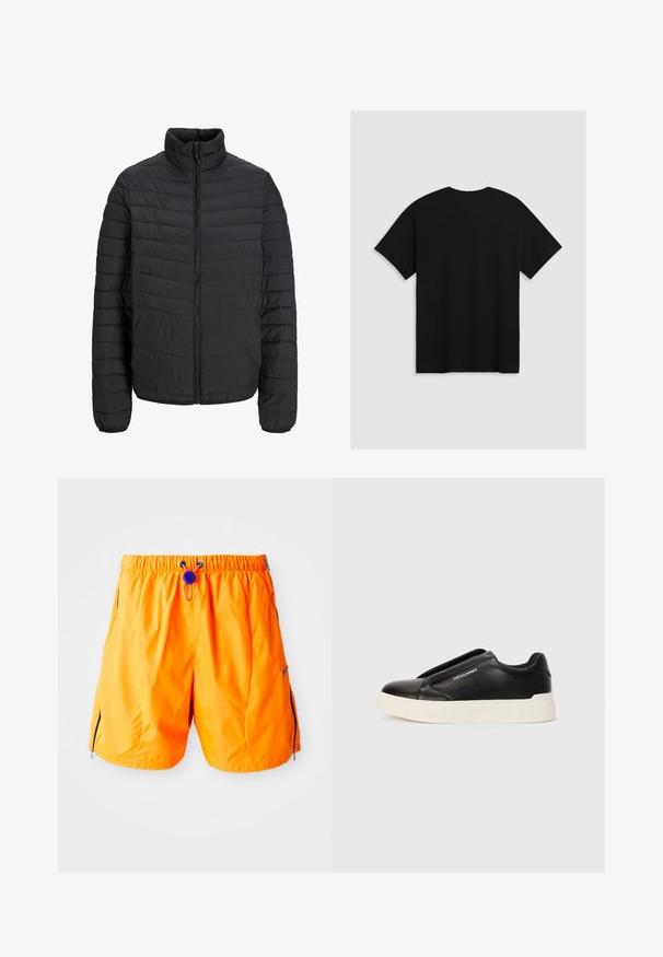 Zwarte gewatteerde jas met een hoge kraag, verticale gestikte patroon, volledige rits aan de voorkant en elastische manchetten. Glad aanvoelende stof, lichtgewicht materiaal.; Levi's® BOXTAB - T-shirt print - boxtab in black bas; Oranje sportieve shorts met elastische tailleband, verstelbare trekkoord en zijzakken met rits. Gemaakt van soepel, lichtgewicht stof.; Zwarte slip-on sneaker met een gestructureerde leren bovenkant, witte rubberen zool en geen zichtbare veters. Beschikt over het merkembleem aan de zijkant.