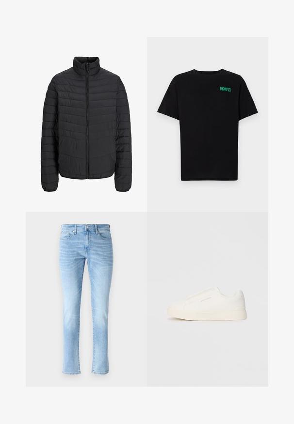 Juodas paminkštintas džemperis su aukštu apykakle, vertikaliu siuvinėjimo raštu, pilnu priekinio užtrauktuko uždarymu ir elastingomis rankogaliais. Lygus paviršius, lengvas medžiagos svoris.; Juodas medvilninis marškinėliai trumpomis rankovėmis. Priekyje yra žalias „ROOTS“ logotipas, apvalus iškirpimas ir standartinė prigludimo forma.; Šviesiai mėlyni džinsai, su slim fit siluetu, penkių kišenių dizainu ir subtiliomis dėvėjimo detalėmis, turintys klasikinį tiesų kojų kirpimą ir mygtuką uždarymui.; Baltos slip-on sportbačiai su tekstūruota paviršiumi, storesniu padu ir minimalistišku dizainu. Šone matosi prekės ženklo logotipas.