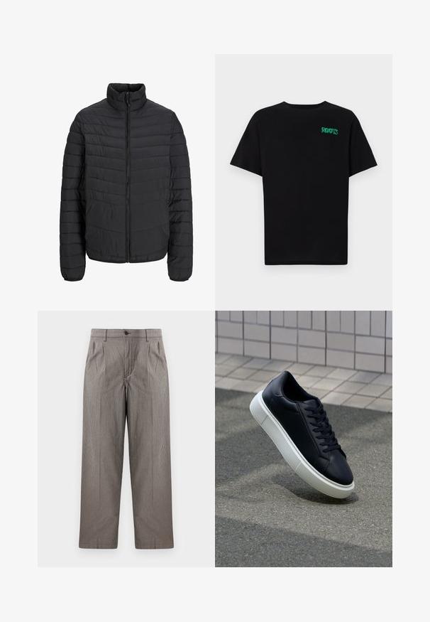 Schwarze gepolsterte Jacke mit hohem Kragen, vertikaler Steppung, durchgehendem Reißverschluss und elastischen Bündchen. Glatte Textur, leichtes Material.; Schwarzes T-Shirt aus Baumwolle mit kurzen Ärmeln. Auf der Vorderseite befindet sich ein grünes "ROOTS"-Logo, es hat einen runden Halsauschnitt und eine normale Passform.; Grau Hahnentrittmuster-Hosen mit geradem Bein, ausgestattet mitFalten, einem Bund mit Knopfverschluss und Seitentaschen.; Schwarze Leder-Sneaker mit runder Zehenpartie und weißer Gummisohle. Verfügt über flache Schnürsenkel und minimale Nähte im Obermaterial. Strukturiertes Sohlenprofil für besseren Halt.