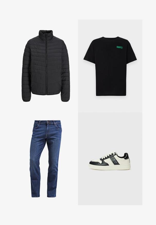 Black padded jacket with a high collar, vertical quilted pattern, full front zipper, and elastic cuffs. Smooth texture, lightweight material.; Black t-shirt made of cotton with short sleeves. Features a green "ROOTS" logo on the front, round neckline, and standard fit.; Dark blue denim jeans with a straight fit, featuring five pockets, a button fly, and subtle whiskering on the thighs.; Leather sneakers with a black and cream color scheme, featuring perforated accents, a padded collar, and a textured outsole.